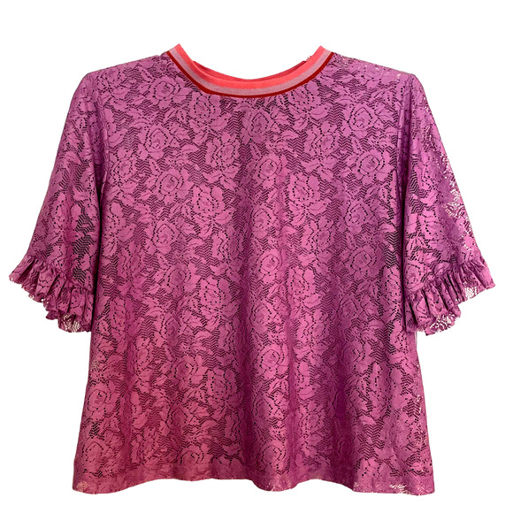 ASOS Maternity Lilac Lace Ruffle Sleeve Stripe Tipping T-Shirt Size 18 - Picture 5 of 13